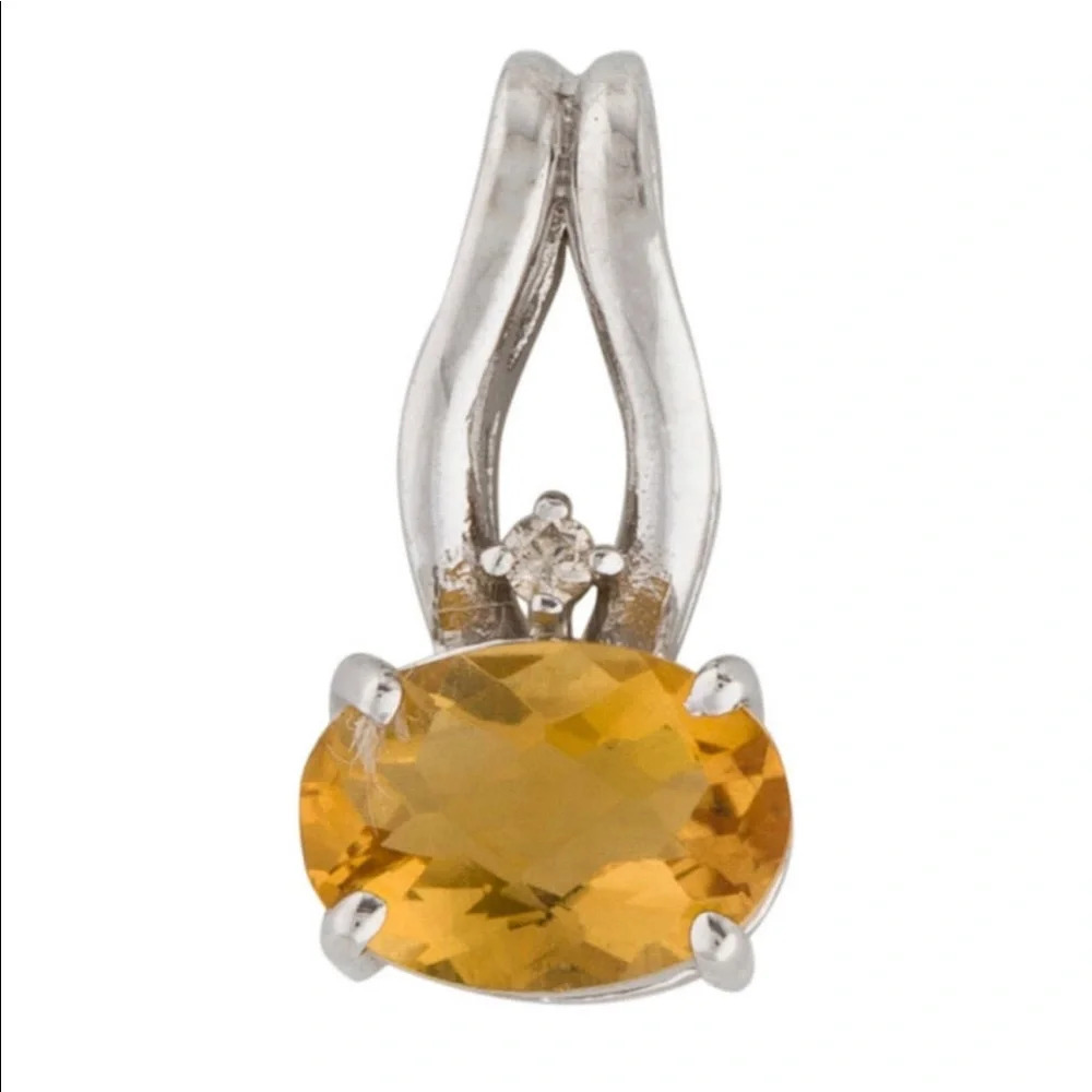 New 14k White Gold Citrine Pendant w/ Round Brilliant Diamond Authentic $295